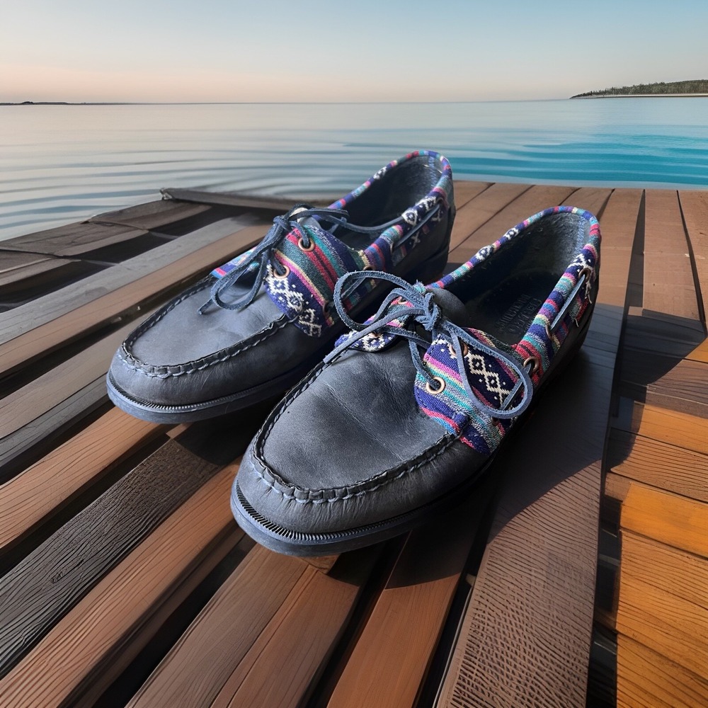 Sebago Womens 11 Docksides Shoes Navy Leather Moc Toe Tribal Aztec Southwest